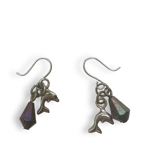 Dolphin Earrings Vintage Silver Tone Pearlescent Bead Fun Lightweight Dangles - Picture 8 of 8